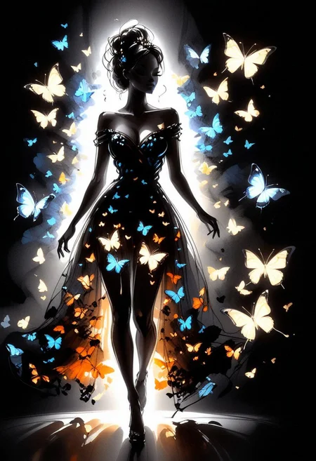 inksketch, a silhouette of a woman, black background, glowing butterflies, full body, black dress