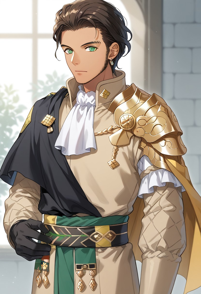 masterpiece,best quality,amazing quality, source_anime,
ClaudeVonRiegan, 1boy, male focus, solo, green eyes, brown hair, dark-skinned male, jewelry, earrings, aged up, facial hair, ascot, white ascot, single shoulder armor, cape, yellow cape, jacket, brown jacket, green sash, black gloves, pants, brown pants,