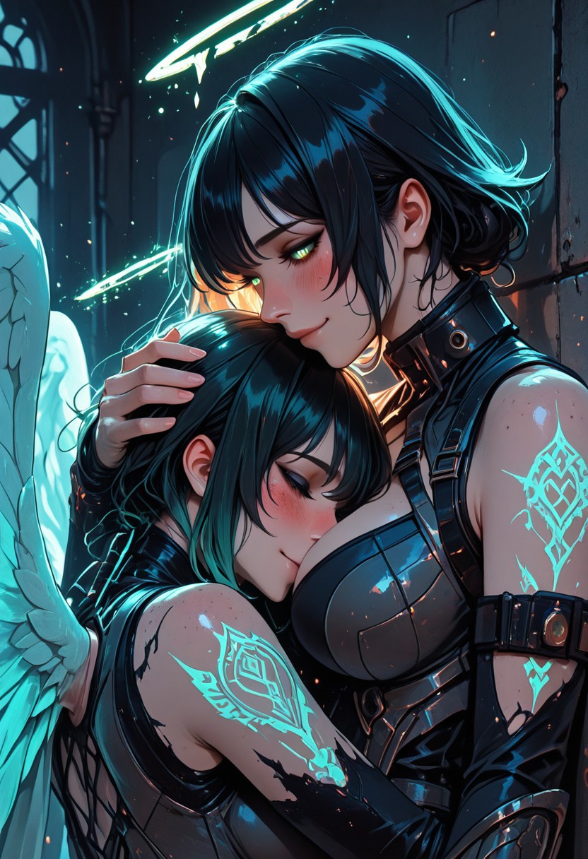 (masterpiece), (best quality), (8k), 2girls, angel and demon, intense stare-down, tension, glowing eyes, magical aura, emissive lighting effects, cinematic lighting, golden hour glow, divine vs infernal contrast, glowing halo above angel, broken burning halo above demon, floating sparks, glowing tattoos or markings, glowing feathers vs shadowy wings, ambient light particles, symmetrical composition, high detail, soft shadows and light contrast, dramatic environment, cleavage, large breasts, detailed armor, bodysuit, fishenets, sleeveless, armbands, flowing cloth, mystical energy in air, angel freckles, demon scars, 
Face details, happy, in love, blush, blushing, pushed against wall, hugging, head on chest, face on chest, nuzzle, nuzzling breasts, head between breasts, hand on head, hand behind head, smile,