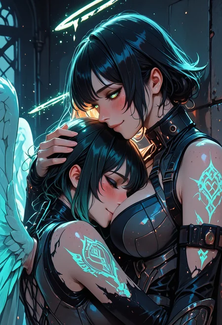 (masterpiece), (best quality), (8k), 2girls, angel and demon, intense stare-down, tension, glowing eyes, magical aura, emissive lighting effects, cinematic lighting, golden hour glow, divine vs infernal contrast, glowing halo above angel, broken burning halo above demon, floating sparks, glowing tattoos or markings, glowing feathers vs shadowy wings, ambient light particles, symmetrical composition, high detail, soft shadows and light contrast, dramatic environment, cleavage, large breasts, detailed armor, bodysuit, fishenets, sleeveless, armbands, flowing cloth, mystical energy in air, angel freckles, demon scars,
Face details, happy, in love, blush, blushing, pushed against wall, hugging, head on chest, face on chest, nuzzle, nuzzling breasts, head between breasts, hand on head, hand behind head, smile,