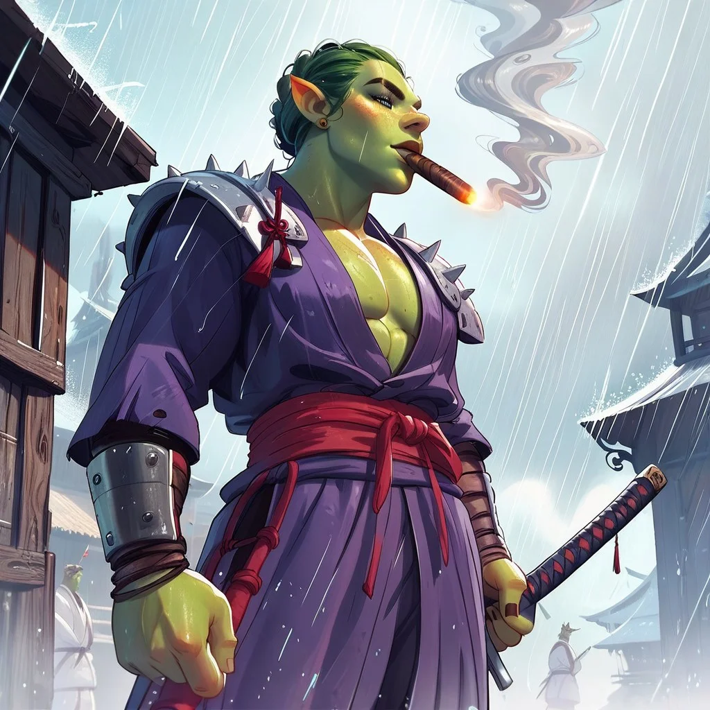 score_9, score_8_up, score_7_up, score_6_up, ((HOLDING SAMURAI SWORD)),((SAMURAI OUTFIT)),(smoking cigar),((massive head)), green skin,shrek, cowboy shot, rain, dynamic angle, beautiful scenery, abandon buildings,((arm0rpunkv4)),
