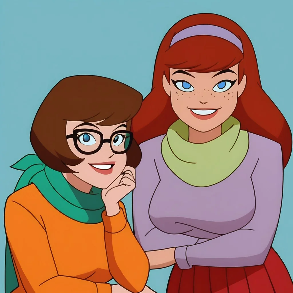 2 woman Score_9, Score_8_up, Score_7_up, surce_6_up, <lora:BatSup_Anim_90s_PDXL:0.8> batsup90xl, flat color, 90s, 1 girl, Daphne blake, wide hips, red hair, long hair, purple headband, blue eyes, smile, looking at viewer, purple minidress, green scarf, big breasts, pantyhose roses, upper body, REST , 1 girl, Velma Dinkley, wide hips, short hair, brown hair, bob haircut, brown pajamas, freckles, sweater-rimmed glasses, smile, turtleneck, orange sweater, big breasts, red skirt, pleated skirt, part upper body,