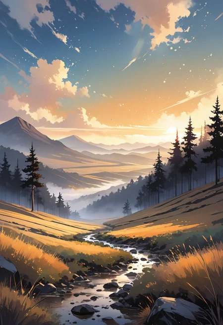 vast landscape with rolling hills and distant mountains (landscape:1.3), ink splatters subtly adding texture and depth across the terrain (ink splatter:1.2), soft gradients in the sky transitioning from light to dark hues (sky:1.0), ink textures blending into the contours of the hills and trees (texture:1.1), scattered trees and rocks punctuating the scene, atmospheric lighting casting long shadows (lighting:1.1), deep valleys filled with mist (mist:0.9), dynamic motion in the ink splatters, creating a sense of movement across the landscape (movement:1.0), rich color palette of muted earth tones with dark inky accents (colors:1.2), minimalist horizon line fading into the distance (minimalist:0.8), dramatic contrast between light and shadow BREAK the ink splatters adding layers of complexity and visual interest (complexity:1.2), subtle interplay of ink and natural elements merging into the environment (blend:1.1)