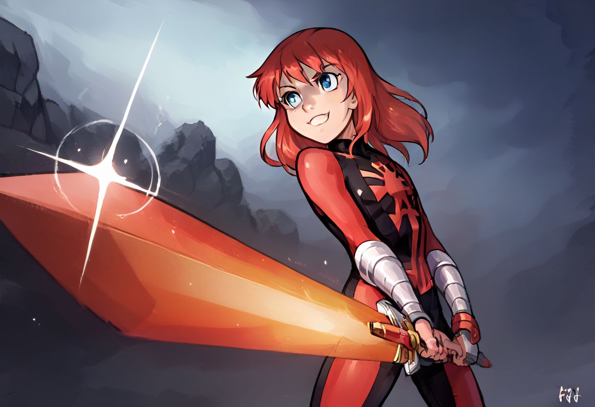 score_9, score_8_up, score_7_up, solo, 1girl, female focus, source_cartoon, 2D, solo, julie_power, red hair, blue eyes, flat chest, super_suit, chest logo, sunrise stance, holding weapon,  SWORD, STANDING,  dark dungeon, darkness, a background of dark dungeon, smirk,