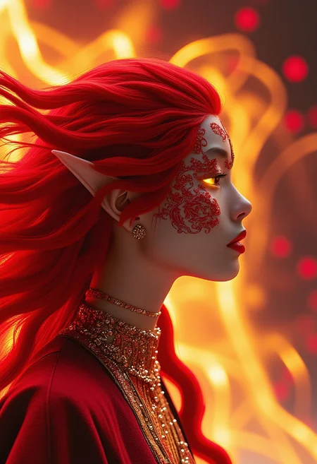 A photo in aestheticphotographyjp style, captured with a Fujifilm X100VI (f/2.8, 120mm). A side profile of a radiant fantasy character with pale skin, elongated elf-like ears, and fiery, flame-like red hair flowing with dynamic energy. Their face is adorned with intricate red and gold patterns, resembling shimmering gemstones, while piercing yellow eyes glow with an intense, otherworldly allure. Clad in a high-collared, pearl-studded garment with metallic accents, they exude elegance and power. The background is an otherworldly tapestry of swirling crimson clouds, glowing embers, and faint golden arcs of light, adding depth and drama while amplifying the character's fiery brilliance, NewFantasyCore, mythp0rt