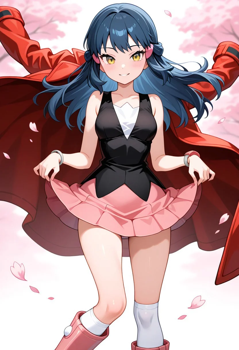 1girl,dawn_(Pokemon),solo,Hill with Spring Flowers,fluttering petals,subtle smile smile,lightly lifting skirt with both hands,(soaring unworn coat:1.5),pink buttons on placket,front right placket Peacoat,red Peacoat,Pokétch on left sleeve tab,(black sleeveless dress),black long hair flowing gently in the breeze,pink hairclip,white kneehighs,pink boots,pink miniskirt,gray bangle bracelet on right hand,(tsurime:1.2),cream yellow eyes,perfection style,masterpiece,best quality,amazing quality