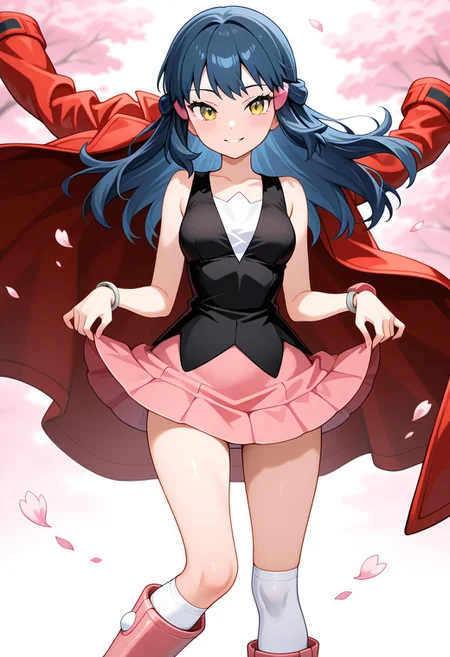 1girl,dawn_(Pokemon),solo,Hill with Spring Flowers,fluttering petals,subtle smile smile,lightly lifting skirt with both hands,(soaring unworn coat:1.5),pink buttons on placket,front right placket Peacoat,red Peacoat,Pokétch on left sleeve tab,(black sleeveless dress),black long hair flowing gently in the breeze,pink hairclip,white kneehighs,pink boots,pink miniskirt,gray bangle bracelet on right hand,(tsurime:1.2),cream yellow eyes,perfection style,masterpiece,best quality,amazing quality