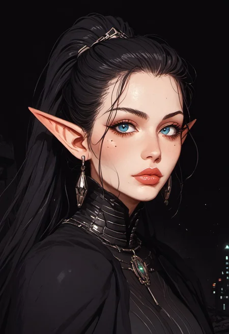 score_9, score_8_up, score_8, ((full-body portrait)), Science Fiction, Star Wars, perfecteyes, ultra detailed, high resolution, high quality, masterpiece, intricate details, intricate body, intricate landscape, knva, Expressiveh, European Instagram Model, upper body shot, low light, dungeon, ruins, green glow, black background, ard3nSW
BREAK
1girl, source_cartoon, mature female, Elf, pointed ears, beautiful, 30 years old, yvraine, long hair, jewelry, very long hair, ponytail, earrings, pointy ears, <lora:Darth Revan PONY v1.0:1>, (mole above lips, mole under eye), 7-darthrevan, 1girl, beautiful, (black hair), messy hair, blue eyes, pale skin, full lips, french, black cloak, armor, belt, skirt, boots, looking at viewer,