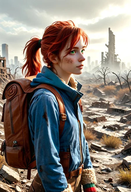 1girl, Masterpiece, 8k, ultra high detail, score_7 up, 
volumetric lighting, vivid colors, vibrant colors,  score_8_up, score_9,  small breast size, sporty red ponytail hair,  fcNeg, stunning green eyes, freckles, white skin, small nose, innocent beauty, slim face,  cute face, skinny body, perfect body, extreme detailed body, intence green eyes,  perfect face, ultra high detailed face, perfect eyes, petite, 
Cold, red dust everywhere, Wandering through ruins, searching for food and goods,  
Wasteland Tribal_Leather_Parka, fur lined, mittens, hood over head,  wasteland clothes, torn and used clothe, 
Dirty, dirty face, dirty skin, backpack filled with stuff,
  simple_big_brown_leather_backpack_full_with_stuff, 
Post Apocalyptic, big city Wasteland, skyscraper ruins,