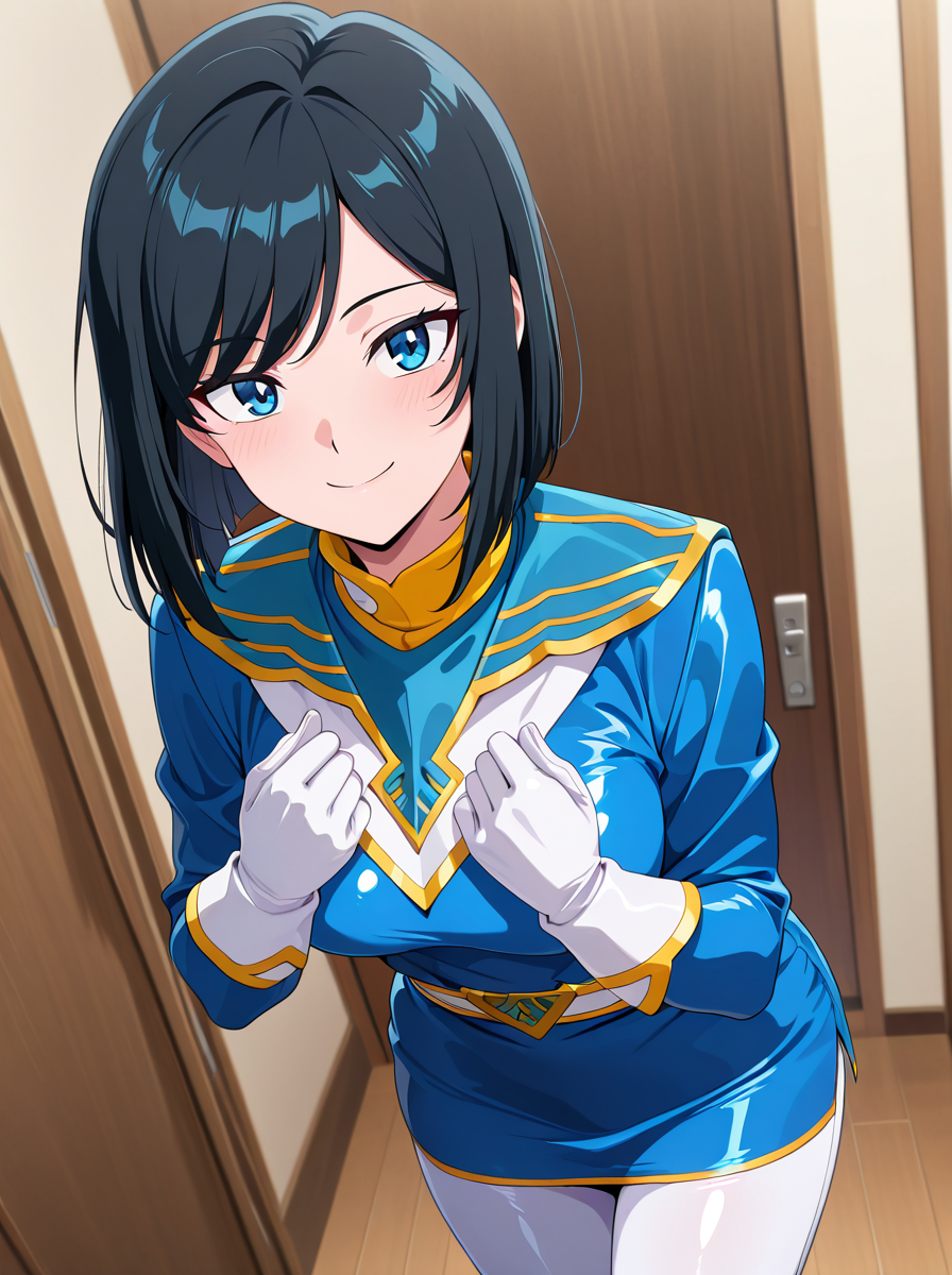masterpiece, best quality, amazing quality, very aesthetic, absurdres, newest,shiny skin,  anime screenshot, ((anime coloring:1))  <lora:BlueSwallowIL:1>blueswallowil, , 1girl, turtleneck,  , gloves, female focus, , white gloves, , uniform ,white_pants, asian medium hair,  black_hair swept bangs, smile bodysuit miniskirt blue_skirt