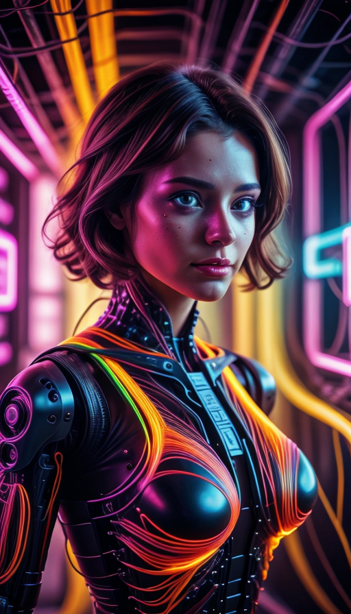 colorful chaos, vivid colors, striking visual design, 1girl, adult woman, gorgeous, hazel eyes, auburn half-up half-down hairstyle, portrait, solo, upper body, looking at viewer, detailed background, detailed face, android, cyborg, mechanical limbs, mechanical eyes, wires, advanced technology, dynamic pose, emotionless, artificial intellgience, steel, digital implants, nanobots, electronics, gadgets, powered by electricity, holograms, particle effects, bright lights, neon colors, cables in background, cinematic atmosphere, (<lora:1970RetroFuturism:0.6>, 1970retrofuturism, 1970s theme:1.1), <lora:add_detail:0.75>, <lora:sharpen-soften:-0.2>, <lora:stylesqueeze_v2:0.25>, <lora:realistic:0.25>, <lora:isobug:0.75> <lora:speedy1p5:1.15>