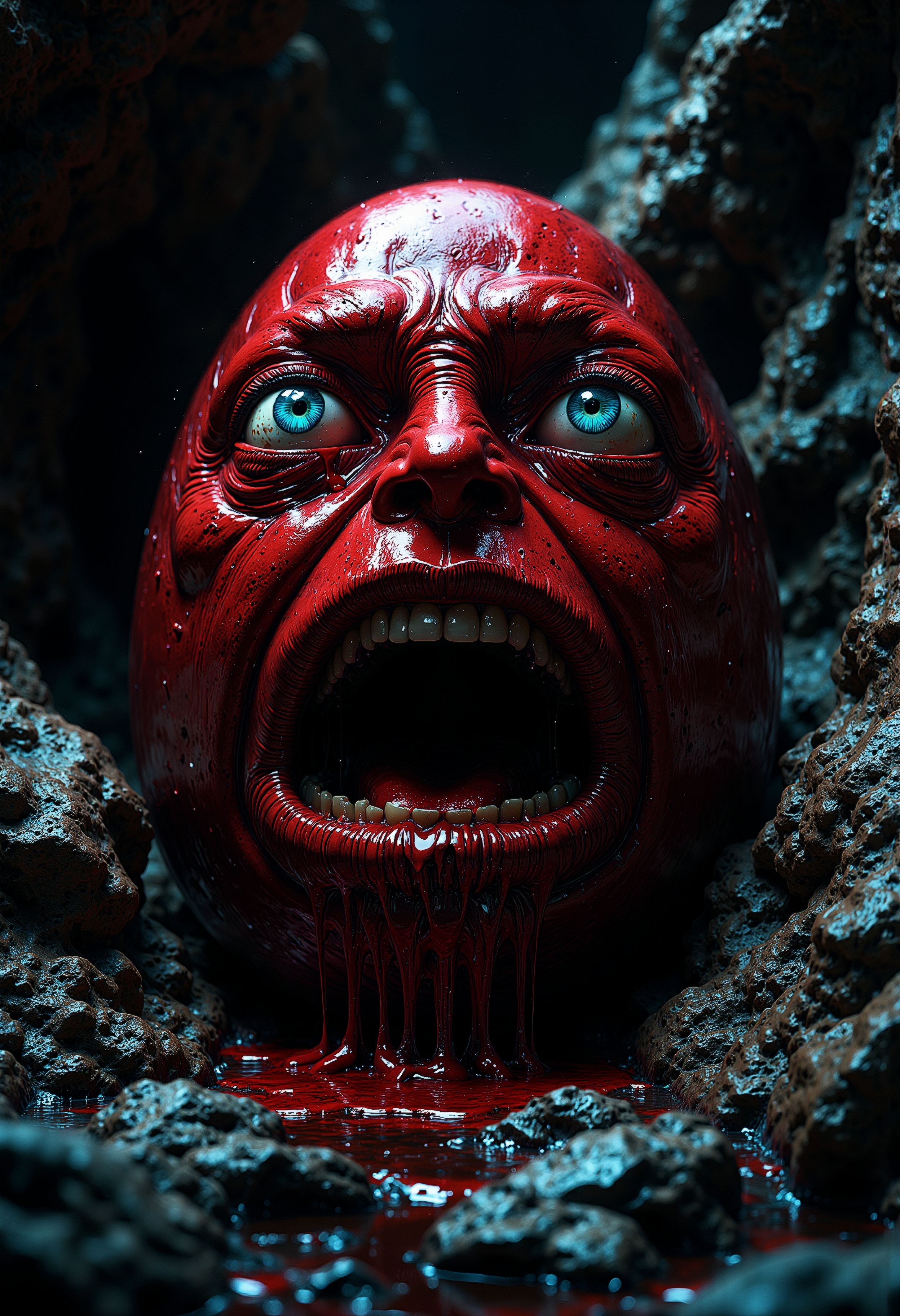 Cinematic photo, Close-up of a behelit, a large red egg with a full, lush lips painted in a deep carmine shade, a big nose and two large, blue intense eyes, each placed asymmetrically on the egg’s surface. The egg in laying sideways on the rock floor. The egg features an anguished expression, with tears of thick black oil dripping from the eyes and mouth. The design channels a sense of desperation and surrealism, with hard shadows and side lighting for high contrast. The egg's expression is exaggerated and emotive, evoking both fear and anguish. The egg is crying blood. The environment is a dark, oppressive setting, with an eerie yet hyper-detailed, hyper-realistic finish. The glossy texture of the egg emphasizes the grotesque and slimy feel, maintaining a well-balanced composition in white, black, and red tones, inspired by dark fantasy and horror themes.
photography, high-resolution, dynamic, energetic,hyper-realistic, dramatic lighting, shallow depth of field.),High Detail, Perfect Composition, realistic photographic image, interesting backlighting