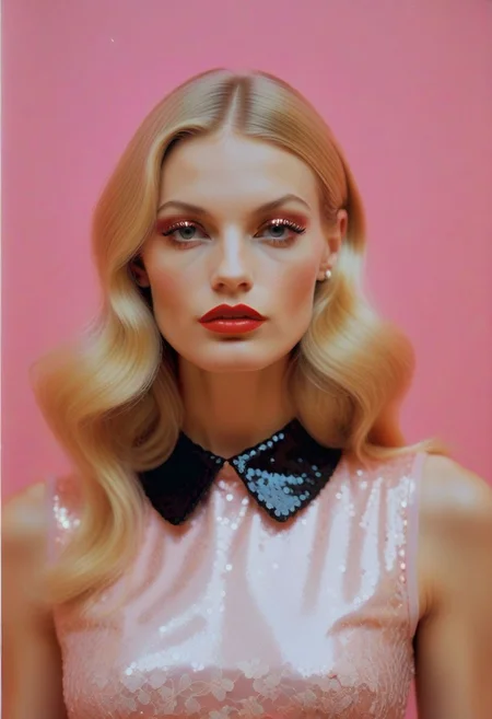 Marianna Rothen Style page, c41_zenit_kodakgold, a woman with long blonde hair, lace collar, sleeveless sequin mini-dress, surreal avant-garde style, bright spotlights, pink and orange colored walls, beauty ad campaign, still image from tv series, glossy red lipstick, maxim cover, pink glitter eyeliner, dark mascara, supermodel, flash photograph, terry richardson, mark jacobs, high heels, long legs