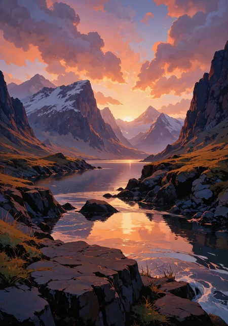 Islandic fjord at sunset, dramatic volcanic peaks silhouetted against a gradient sky of molten copper, amber, and lavender. Geothermal steam rises from hidden vents, catching low-angled sunlight and creating prismatic veils. Arctic waters reflect crystalline color transitions while scattered black sand beaches provide stark contrast. Bioluminescent microorganisms create ghostly blue outlines along the shoreline. Rendered in neo-impressionist technique with bold brushstrokes capturing light dynamics across textured surfaces. Atmospheric perspective emphasizes scale with distant mountains dissolving into hazy golden backlight. Chromatic aberration effects at horizon create supernatural color separation. Photorealistic details in foreground volcanic rock formations, ultra high-definition 8K, dramatic volumetric lighting, expansive composition with slight fish-eye distortion creating immersive perspective. <lora:It's a LoRA for portraits, BUT! actually specialized in backgrounds. v1.0:0.7> <lora:Niji V2B:0.6> <lora:Memadukan_Brush_Strokes_of_Fineart:0.3> <lora:RM_Animefy_v1.0M:0.6> <lora:Anime realistic V1:0.8> <lora:flux_dev:1>