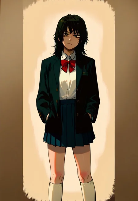 score_9, score_8_up, score_7_up, source_anime, anime screencap, cinematic film still of <lora:Kill Bill style:1> Cinematic film image of Gogo Yubari a woman in a skirt and jacket,1girl,solo,long hair,looking at viewer,bangs,skirt,shirt,black hair,long sleeves,,school uniform,white shirt,pleated skirt, white socks,red bowtie, Kodak film grain, dramatic light, dramatic shadow light, contrast, saturated color, cinematic, filmic, motion picture, realistic, realism, perfection, perfect, deep focus, clean image, Kill Bill style, Kill Bill Film Style, shallow depth of field, vignette, highly detailed, high budget, bokeh, cinemascope, moody, epic, gorgeous, film grain, grainy, (cowboy shoot:1.3), hands in pocket, black jacket
