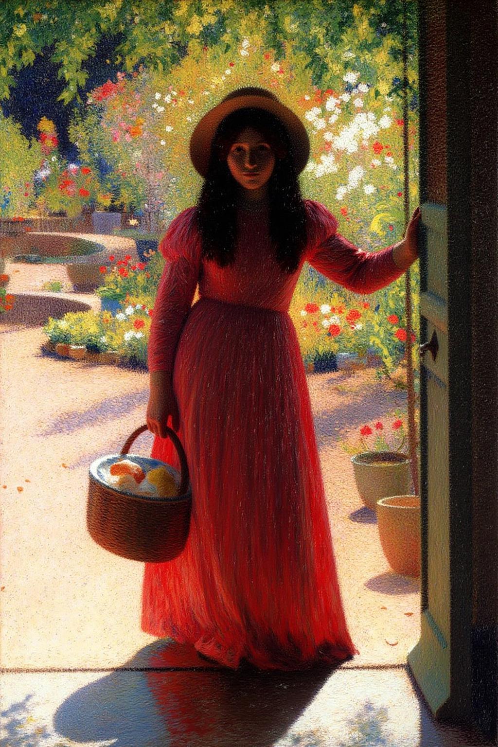 henrimartin1 painting. 
A woman standing outside an open door, wearing a long red dress and a wide-brimmed hat. She holds a basket in her right hand. Behind her, a garden filled with green foliage and colorful flowers can be seen through the open door. <lora:henrimartin1_cap_d8a4e12:1.0><lora:851760457516605993:0>