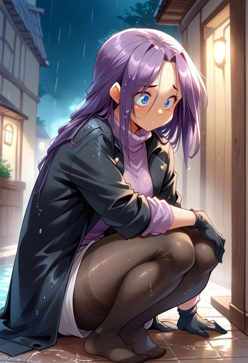 score_9, score_8_up, score_7_up, source_cartoon, solo, robot woman, black coat, purple turtleneck, black pantyhose, black gloves, (caught in the rain, on her knees, sad, wet, soaking wet hair:1.3), (indirect lighting, dynamic lighting:1.4), back alleyway, at night, (detailed image, high resolution, 5k resolution:1.0), (las lindas style), (anime Art Style:1.2)