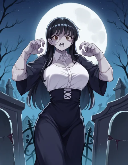 score_9, score_8_up, score_7_up, source_anime, <lora:anna-yamada-s2-ponyxl-lora-nochekaiser:1>, anna yamada, long hair, bangs, black hair, brown eyes, large breasts, <lora:zombie-ponyxl-lora-nochekaiser:1>, zombie, colored skin, stitches, grey skin, multicolored skin, stitched face, zombie pose, halloween, halloween costume,, night, moon, graveyard, tombstone, grave, open mouth,, looking at viewer
