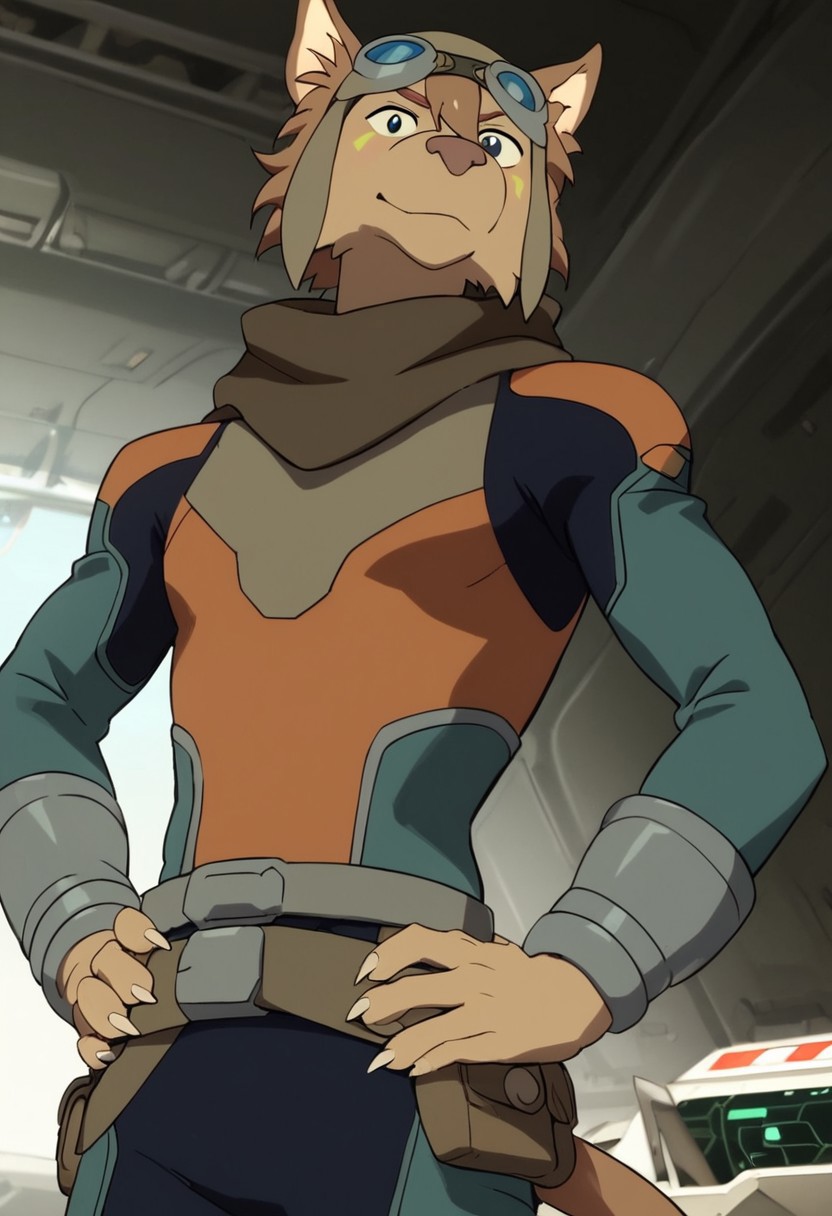 olia_voltron_gogglesON, 1girl, female furry, anthro, canide, golden fur, brown animal ears, brown hair, black eyes, small yellow tattoos on each cheeks, claws, long tail, pilot helmet and goggles, brown scarf, green and orange suit, pocket belt, score_9_up, score_8_up, score_7_up, standing, BREAK, 1girl, solo, looking at viewer, cute, smirk, from below, hands on hips, head tilt, female focus, ultra detailed, detailed background, spaceship cockpit background, masterpiece, best quality, 8k, Expressiveh, realistic, 3d,