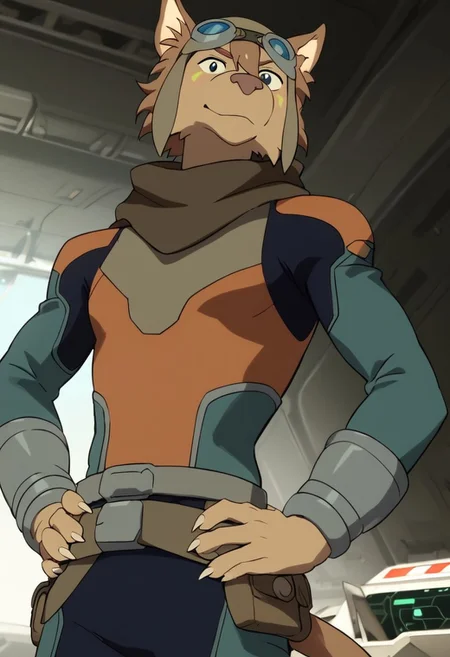 olia_voltron_gogglesON, 1girl, female furry, anthro, canide, golden fur, brown animal ears, brown hair, black eyes, small yellow tattoos on each cheeks, claws, long tail, pilot helmet and goggles, brown scarf, green and orange suit, pocket belt, score_9_up, score_8_up, score_7_up, standing, BREAK, 1girl, solo, looking at viewer, cute, smirk, from below, hands on hips, head tilt, female focus, ultra detailed, detailed background, spaceship cockpit background, masterpiece, best quality, 8k, Expressiveh, realistic, 3d,