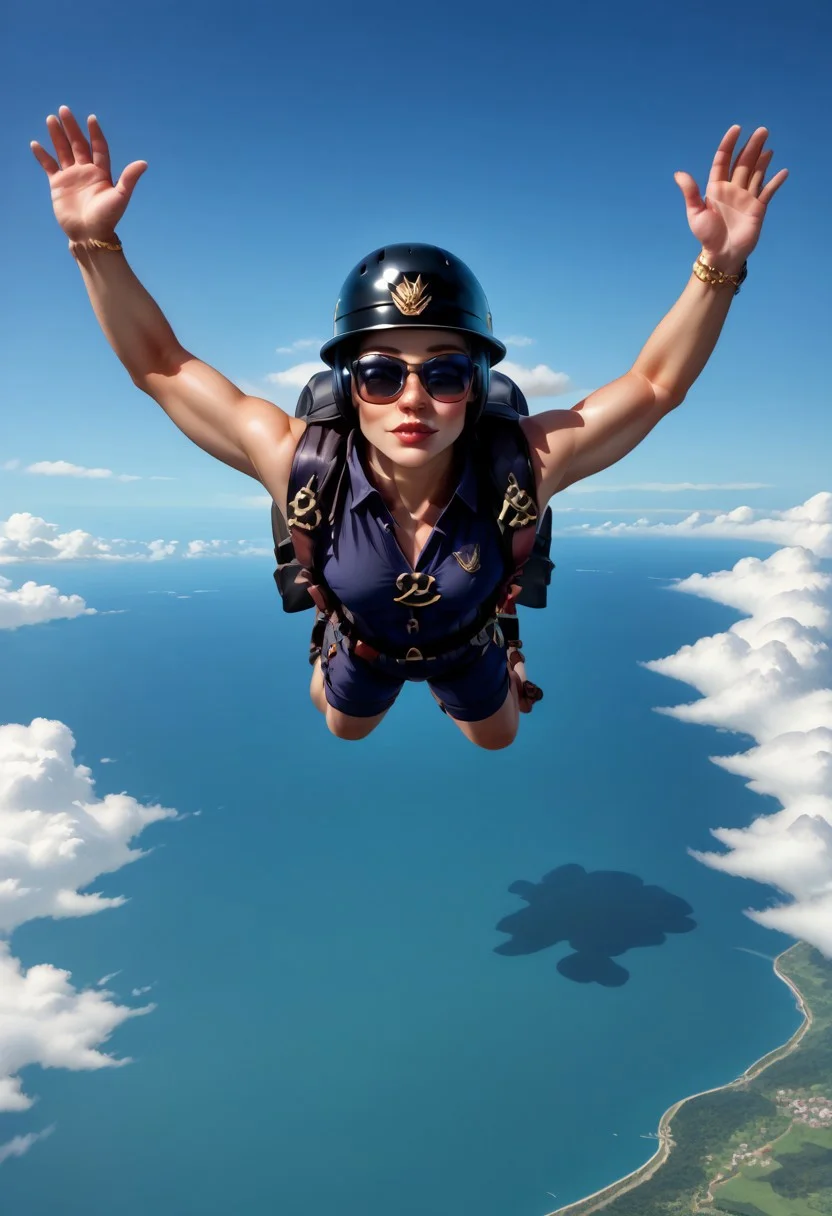 above tropical island with magical flora, beautiful composition, super sharp, crisp, clear, extremely high-resolution details, fine texture, hyperrealistic detailed image, infinite focus, clear and detailed throughout, detectiveincog, sunglasses, hud_skyd1ver, backpack, helmet, flying, midair, lying on stomach, outstretched arms.
