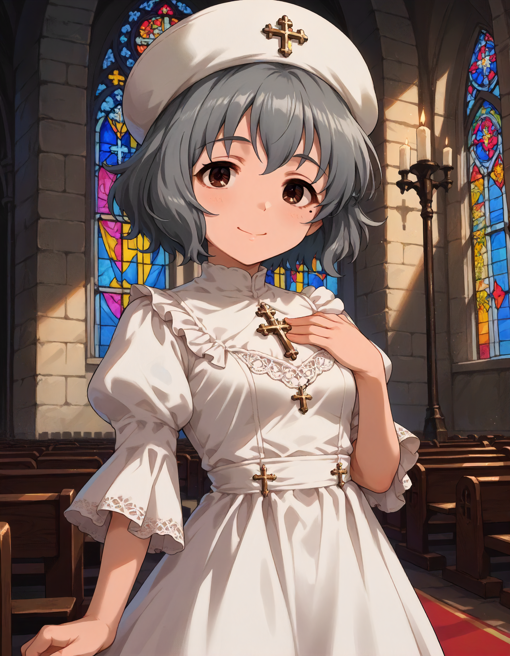 score_9,score_8_up,score_7_up,1girl,solo,looking at viewer,smile,hand on own chest,church,
<lora:narumiyayume_ponyXLV6:0.8>,cgnym,
grey hair,short hair,brown eyes,mole under eyes,small breasts,
hat,white dress