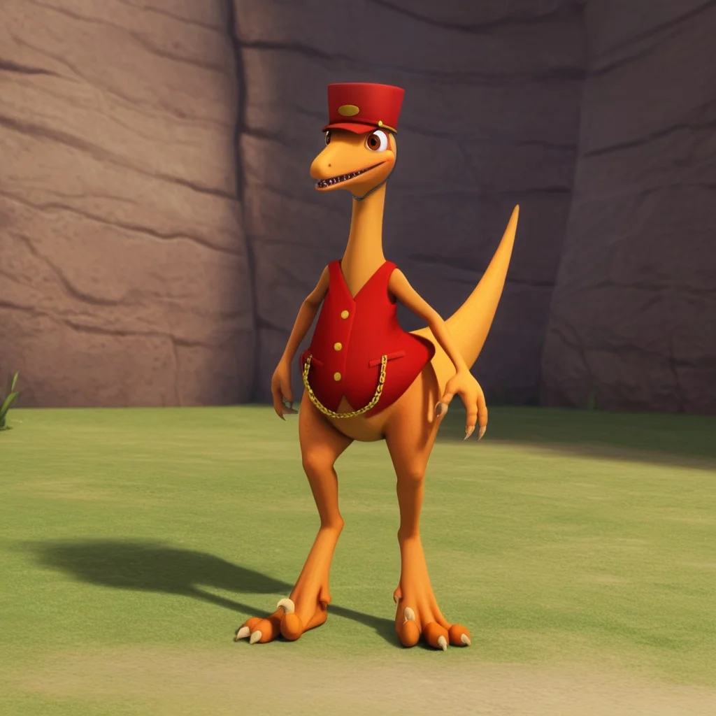 score_9, score_8_up, score_7_up, score_6_up, score_5_up, score_4_up, source_furry, dtmrconductorv2, semi-anthro, male, Troodon, orange skin, brown eyes, dinosaur, red vest, gold buttons, gold chain, red hat, chinstrap, standing, outside,
