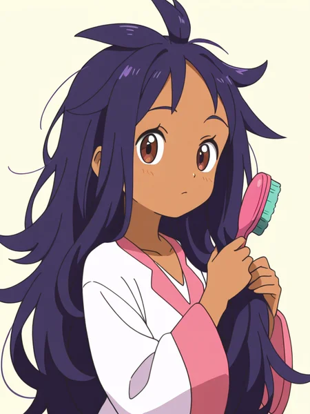 1girl,  looking at viewer,upper body, 
 <lora:iris_champion_2:0.75> 
iri5cham1on,
dark-skinned female, dark skin, 
brown eyes, 
purple hair, very long hair, (alternate hairstyle,:1.4) messy hair,  brushing hair, 
white shirt, pink v-neck,  pink sleeve cuff,, masterpiece, high quality, absurdres, best quality, very aesthetic, newest,