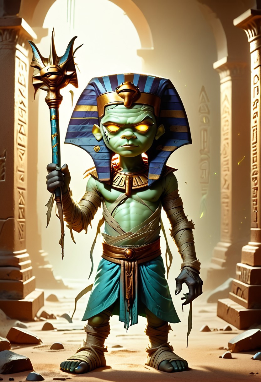 1boy, solo focus, Green Skin, Yellow Eyes, Egyptian Headdress, Mummy, Bandages, Loincloth, holding a staff, egyptianworld, dark aura, dark tomb, ancient Egyptian hieroglyphics, Glowing Runes, dr4maticessence, dramaticessence,