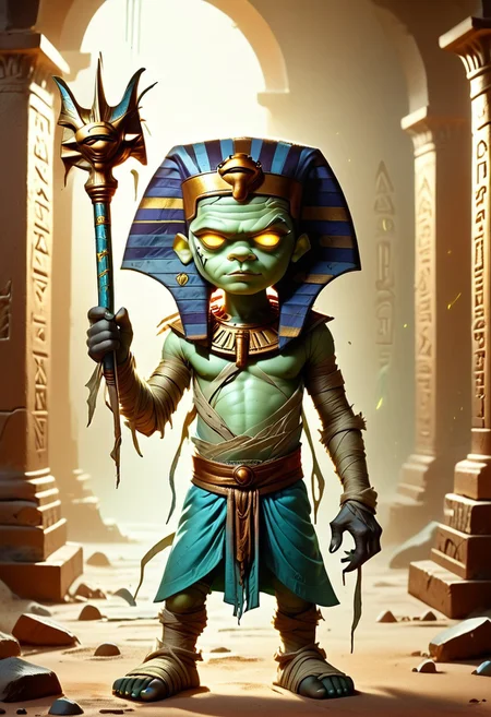1boy, solo focus, Green Skin, Yellow Eyes, Egyptian Headdress, Mummy, Bandages, Loincloth, holding a staff, egyptianworld, dark aura, dark tomb, ancient Egyptian hieroglyphics, Glowing Runes, dr4maticessence, dramaticessence,