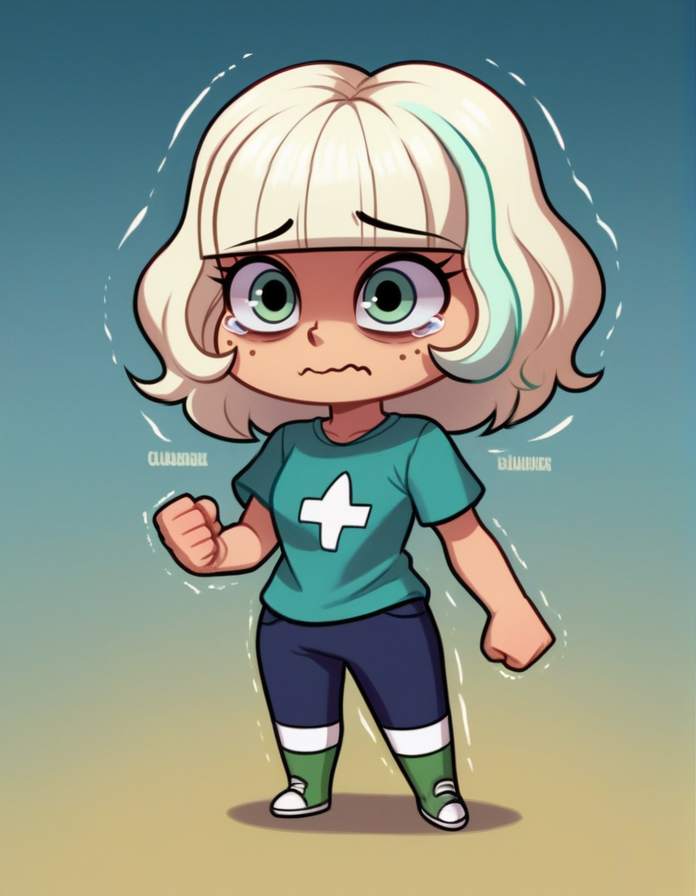 \(star vs the forces\) (Jackie Lynn Thomas:1.1) , cute, (chibi:1.2), no hands, large eyes, solo, cartoonized, rating_safe, sad, wavy mouth, tearing up, shaded face, shaking, clenched hand, source_anime , \(dragon ball z\), BREAK score_9, score_8_up, score_7_up, score_6_up, score_5_up, score_4_up BREAK zPDXL