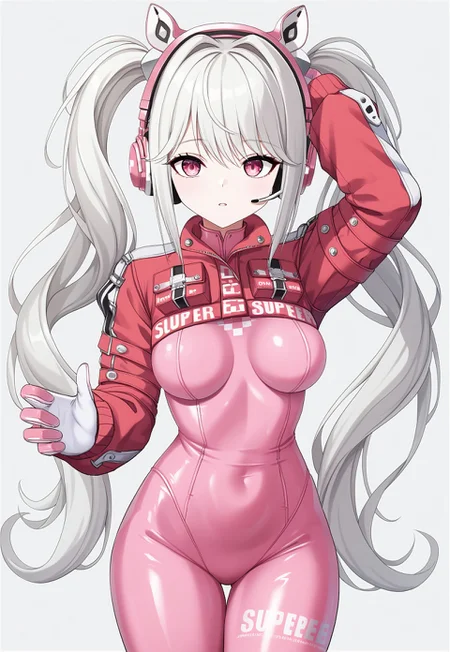 (Alice/NIKKE/), alicedef, pink eyes, white hair, twintails, very long hair, bangs, headset, fake animal ears, animal ear headphones, shrug \(clothing\), long sleeves, pink bodysuit, latex bodysuit, multicolored gloves, pink gloves, white gloves, (cute), ((perfect face)), (upper body), highly detailed, ((high detail)), best quality, (very aesthetic), absurdres, (looking at viewer), solo, 1girl, simple background, white background, thighs, verybadimagenegative_v1.3, FastNegativeV2, negative_hand, solo, petite body