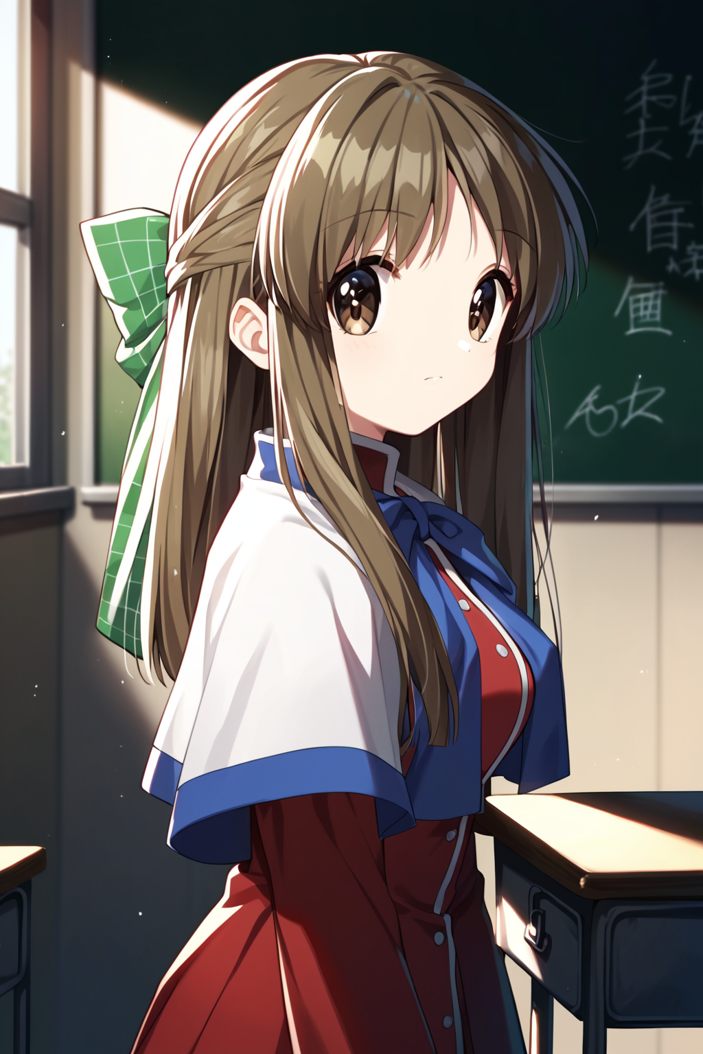 score_9, score_8_up, score_7_up, score_6_up, rating_safe, source_anime, best quality, masterpiece, detailed background, detailed eyes, classroom, writing on chalkboard, (from side), <lora:kurata-sayuri-xl-02:1.2>, kurata sayuri, kanon uniform, medium breasts, red uniform, white capelet, black socks, brown hair, brown eyes,
