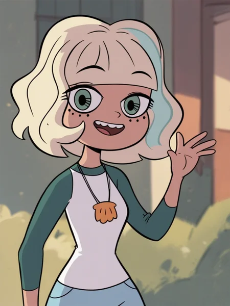 <lora:JackieLPony1.0:0.8> jackiel, blonde hair, 1girl, green eyes, solo, multicolored hair, short hair, shirt, shell necklace, bangs, smile, long sleeves, blue shorts,upper body,looking at viewer,standing,open mouth,outdoors, score_9, score_8_up, score_7_up, score_6_up