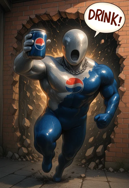 1boy, masterpiece, best quality, amazing quality, very awa, absurdres, very aesthetic, highres, 4k,  ultra detailed, photorealistic,  shimmerring, shiny skin, detailed background,, p3psim4n, chain necklace, no face, two-tone body, muscular, huge muscles, holding can, pepsi can, full body, dynamic pose, midair, open mouth,  OH YEAH!, breaking through wall, speech bubble, (debris:1.3),  motion blur, realistic lighting, dramatic lighting, brick wall background, breaking wall, (((perspective))), , <lora:Illust\char\PepsiMan_V1_ILXL.safetensors:1.0000000000000002:1.0000000000000002> <lora:Illust\pose\OH YEAH_Illustrious.safetensors:1.0000000000000002:1.0000000000000002> <lora:Illust\style\illustrious_all_rated_v1.safetensors:0.5000000000000001:0.5000000000000001> <lora:Illust\style\Smooth_Booster_v3.safetensors:0.8000000000000002:0.8000000000000002> <lora:Illust\style\ponyv6_noobV1_2_adamW-000017.safetensors:0.30000000000000004:0.30000000000000004>