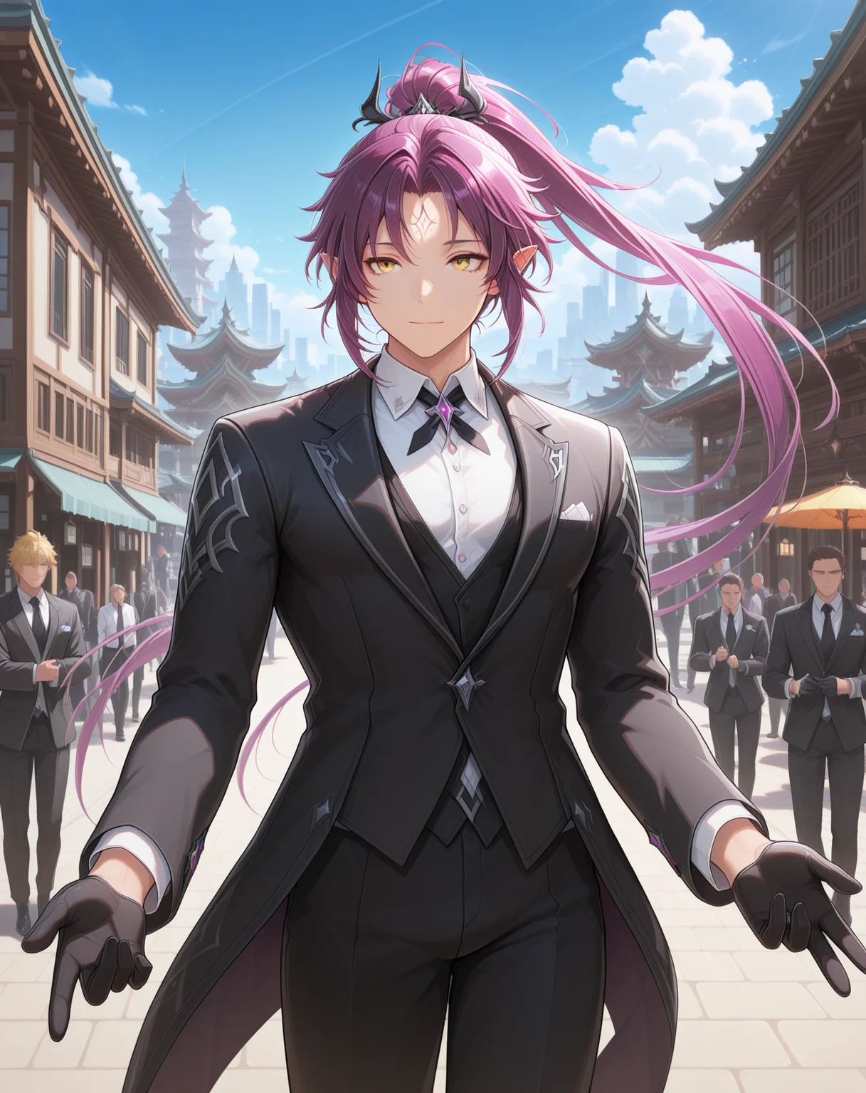 masterpiece,best quality,amazing quality, newest, very aesthetic, absurdres,
1boy, solo, yaoi, male focus, looking at viewer, cowboy shot, standing,
<lora:Veigas_FSI_ilxl:1> veigasfsi, black gloves, forehead mark, pointy ears, purple hair, high ponytail,yellow eyes, floating hair,
formal, tuxedo, neck ribbon, white shirt, collared shirt, black pants, shoes, black footwear, suit jacket, black jacket,
outdoors, day, blue sky, building, people,