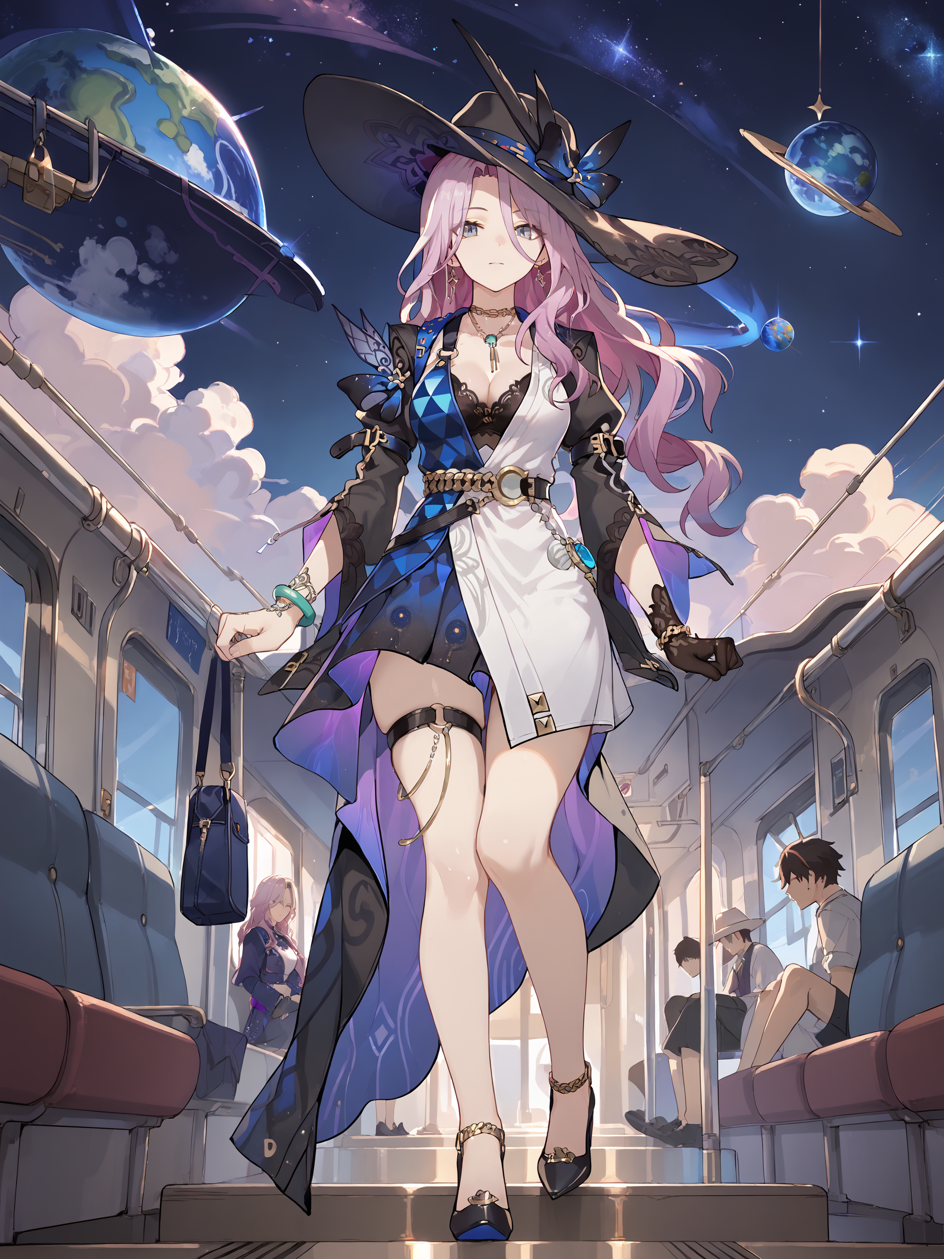 score_9, score_8_up, score_7_up, source_anime, 1girl, jade \(honkai: star rail\), sun hat, necklace, layered dress, bracelet, single glove, shrug \(clothing\), earrings, thigh strap, strappy heels, black bra, train station, planet, starry sky, outdoors, depth of field, full body, looking at viewer, walking  <lora:Char-HonkaiSR-Jade-Pony-V1:1>