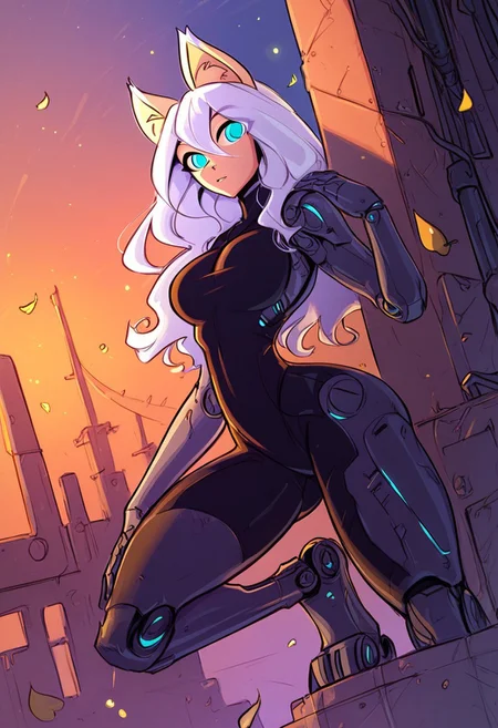 score_9, score_8_up, score_7_up, score_6_up, score_5_up, score_4_up, Cinematic Lighting, Volumetric Lighting, Bloom, Post Processing, Perfest Anatomy, Extermy Ely Detailed Eyes and Face, Perfect Eyes.
solo, cyborg, 1girl,
Cyborg blue eyes, fox cyber ears. green eyes, hair between eyes, shiny look, (long wavy white hair), (long hair), wavy bangs,
cable, mechanical joints, digitigrade legs, cyborg, slim figure, narrow waist, wide hips, (high breasts), perfect round butt,(big breasts:1.1)Mechanical tail with blade and sting.
-- clothes -- techwear, shiny clothing, black bodysuit,
BREAK
The girl holds a futuristic bow in one hand.
cowboy shot , dutch angle, Lean your back against the wall, A girl stands on one knee, aiming a bow, leaning against a wall. dramatic angle, leaves, leaf particles,night,destroyed collapsed buildings,abandoned,futuristic,cloud,sky,landscape,outdoors,hill,nature,post-apocalypse,