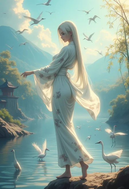 Concept art, (shot above the thighs), a graceful and ethereal European woman with platinum blonde hair, her delicate features reminiscent of a porcelain doll. She wears a flowing white kimono with patterns of cranes in flight, the fabric shimmering like the feathers of the birds she represents. Her slender arms are gracefully extended as if in mid-dance, with long sleeves that trail elegantly behind her. Her eyes are a soft, serene blue, filled with a gentle, melancholy wisdom. She stands on the edge of a tranquil lake surrounded by mist-covered mountains, where the surface of the water reflects the silvery light of the setting sun. Several cranes fly overhead, their wings casting shadows on the water below, while others wade through the shallows, their movements mirroring her own. The background is a serene, almost dreamlike landscape, with weeping willows and bamboo gently swaying in the breeze, and distant temple bells ringing softly. The atmosphere is peaceful and poignant, filled with the quiet grace of the crane maiden, a symbol of loyalty, love, and the beauty of nature, with soft, warm lighting, and a mood of quiet reflection.
, in style of Ilya Kuvshinov