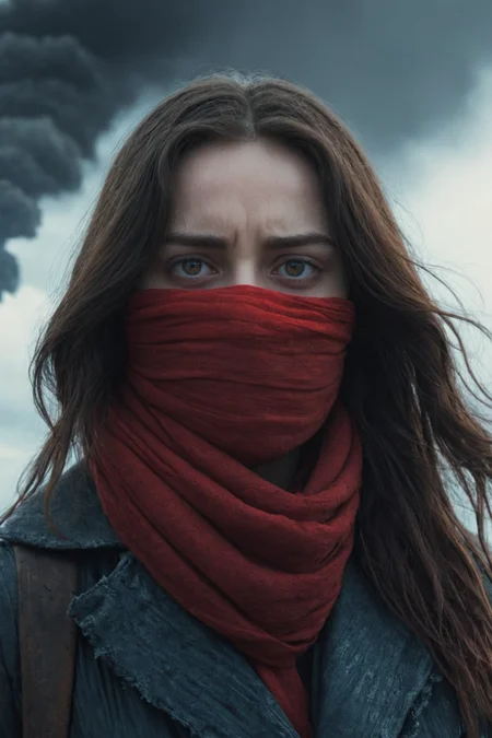 Woman, red scarf on face, character portrait, (mortal engines:1.2), epic photo