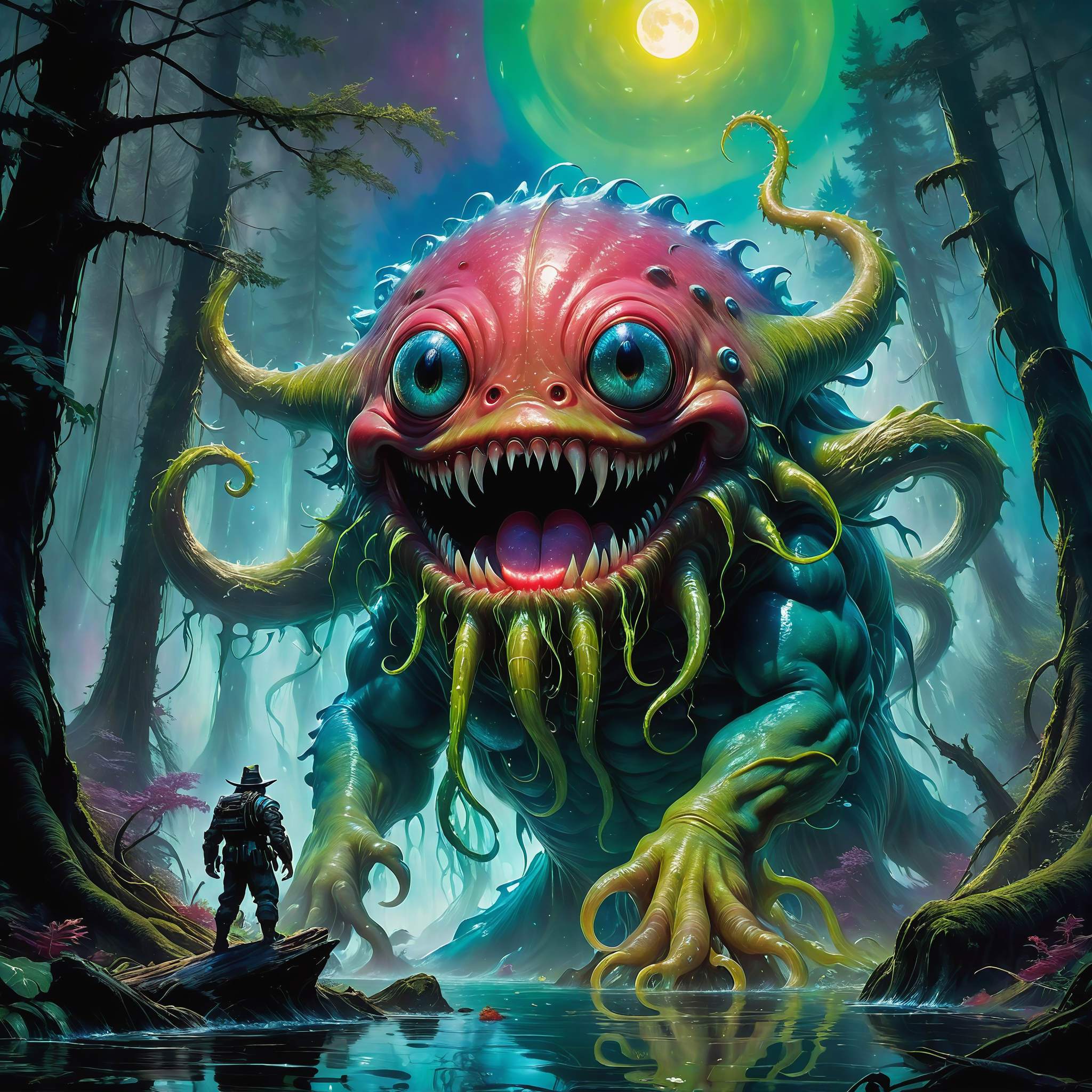 <lora:add-detail-xl:2.0>, john berkey, detailed expressive eyes, fantasy style, the mysterious gummy musclesplat, a whippletorbig monster ermerging from the depths of the misty gozing swamps of planet slormslug ix, shown here with its dimarified tentacles glistening in the moonlight as it squishifies, twisting trees and crunkeling the will-o'-the-wisps in its vicinity, colorful, whimsical, masterpiece, best quality, professional artwork