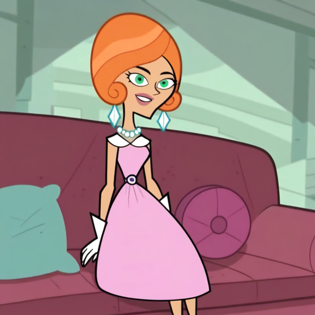 score_9, solo, pam_dp, orange hair, green eyes, earrings, necklace, dress, gloves, sitting, sofa, looking at viewer