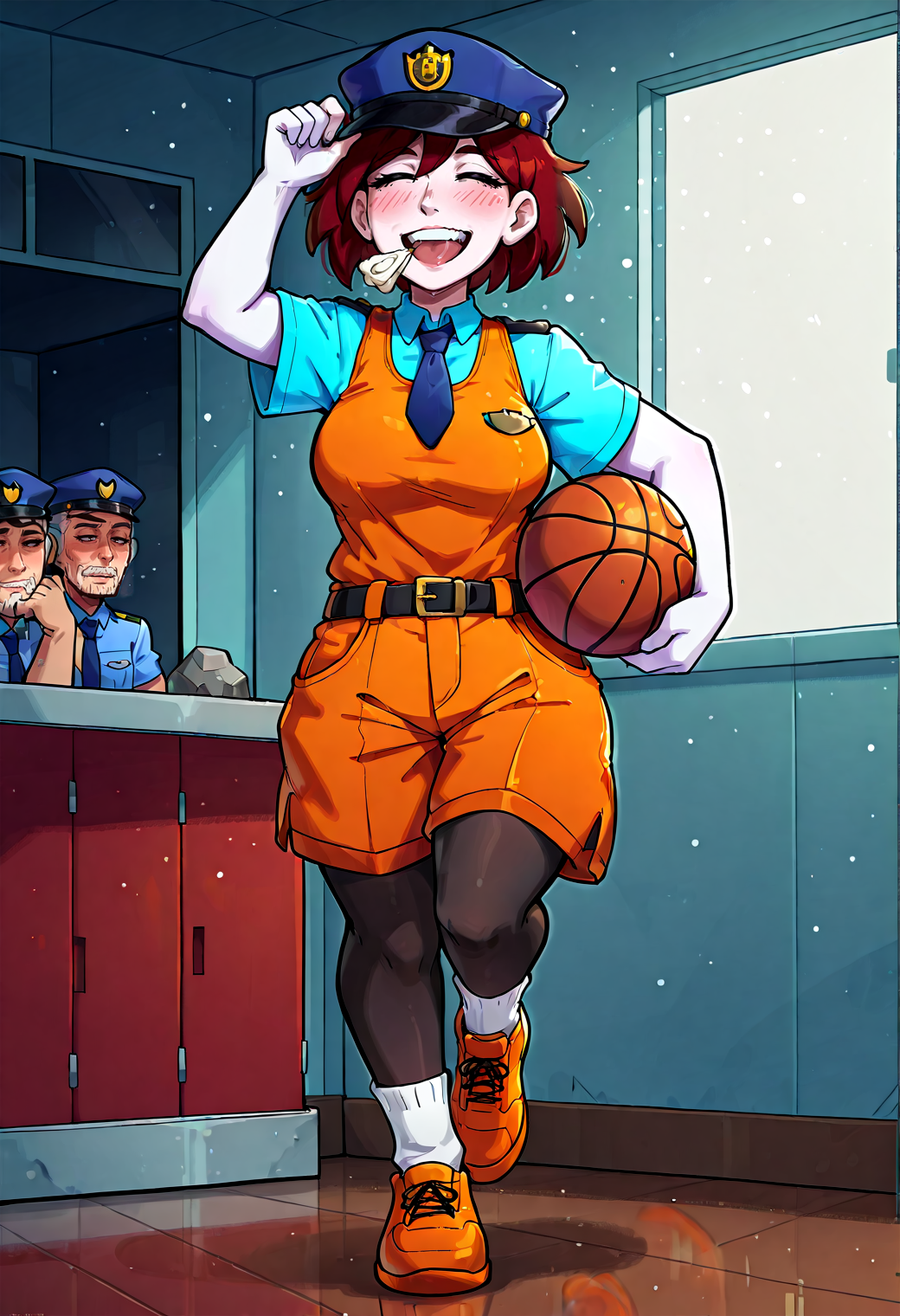 IllustriousQual, <lora:StS-Illustrious-Detail-Slider-v1.0:2> <lora:cfg_scale_boost:0.3> <lora:StS_Age_Slider_Illustrious_v1:3>,detailed_background,indoors,dark skin,blue shirt,solo,kel \(omori\),shangtiansi,police uniform,looking at viewer,standing,policewoman,dual persona,bright pupils,brown hair,adjusting headwear,^ ^,adjusting footwear,kel \(faraway\) \(omori\),white skin,multiple hats,standing on one leg,holding ball,male focus,hat,blue necktie,dark-skinned male,colored skin,black pantyhose,looking back,1girl,indoors,closed eyes,barefoot,police,full body,yellow bow,open mouth,short hair,horse girl,multiple boys,white socks,:i,pet rock,short sleeves,belt,dated,orange tank top,orange footwear,highres,happy birthday,basketball \(object\),orange shorts,pantyhose,mouth hold,hector \(omori\),2boys,breasts,shirt tucked in,horse ears,ball,rock,chibi only