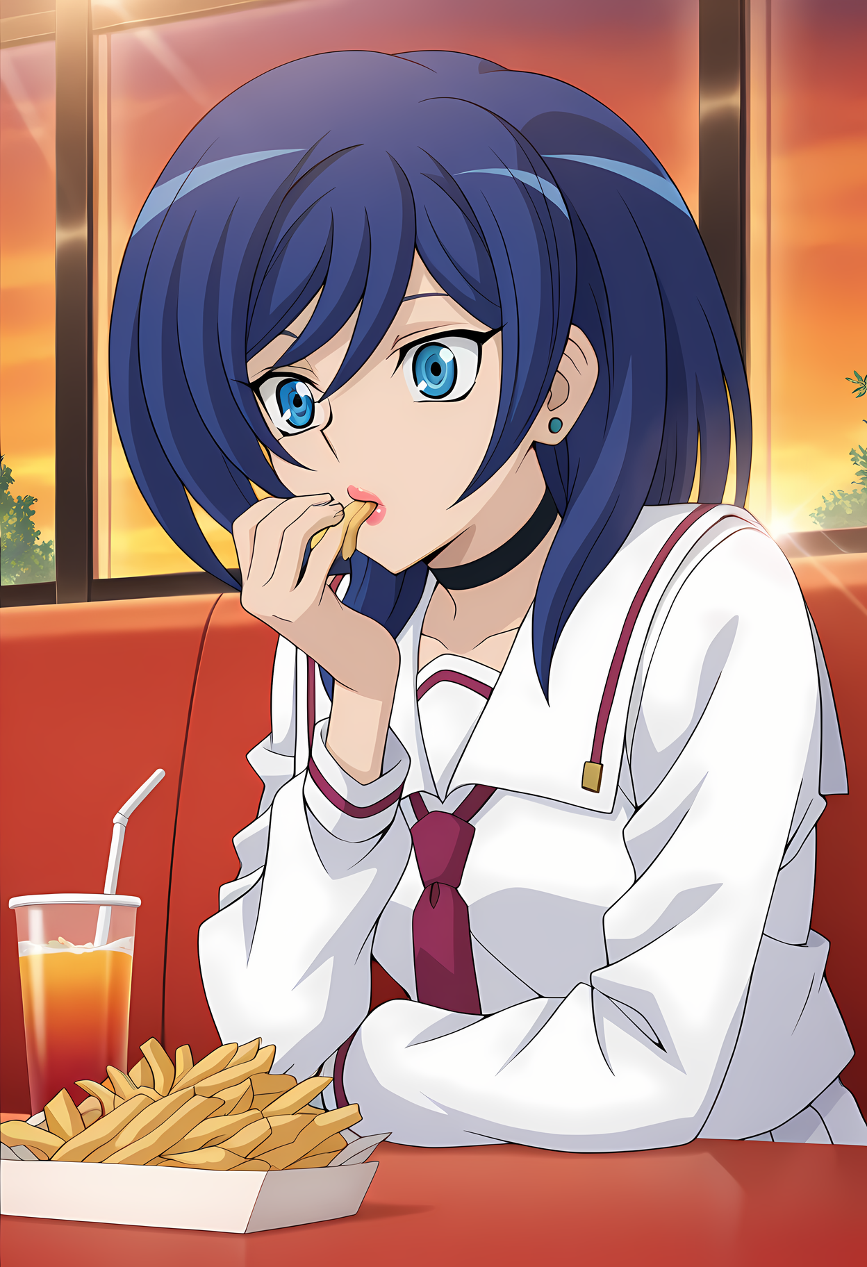 masterpiece,best quality,amazing quality,

1girl, solo, face focus,

Asaka Narumi (Cardfight Vanguard), blue hair, blue eyes, stud earrings, choker, lipstick, school uniform, serafuku, white sailor collar, necktie, long sleeves, pleated skirt, socks, black footwear, mary janes,

cinematic, upper body, eating a french fries, 

Sit, sitting, glass, cafe, greenery, 

afternoon, sunset, 

Lens flare, bloom,

Official style, anime screencap, anime coloring,
















