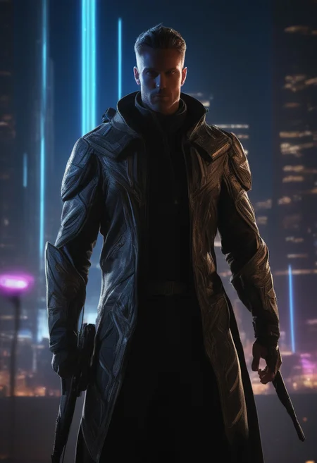 score_9, score_8_up, score_7_up, thick lineart, sharp edges, clear focus,
A striking monochrome illustration of a mysterious figure with glowing blue eyes, clad in sleek futuristic armor and wielding a pair of energy blades. His tousled hair flows dramatically behind him, partially obscured by a high-tech visor that enhances his intense gaze. He stands poised amidst a chaotic neon-lit cityscape, where crumbling skyscrapers and flickering holograms create a vivid backdrop. The style embodies a blend of cyberpunk and dystopian aesthetics, with dynamic brush strokes amplifying the tension and drama in the scene.
<lora:sinfully_stylish_SDKL:1> <lora:add-detail-xl:1>