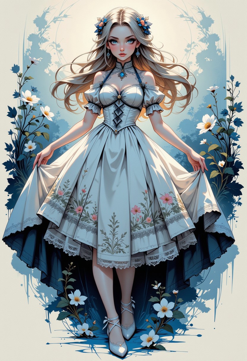 Poetic sumi-e depicting A full body of beautiful oriental girl with delicate features, wearing an elegant, Sweet Victorian-inspired dress adorned with intricate lace, ribbons, and floral patterns. Her long, silky hair is styled in soft waves, with gentle curls at the ends and a few strands framing her face, adding to her graceful appearance. She wears dainty lace-trimmed socks and elegant, rounded-toe shoes with delicate bows, completing the outfit with charm. Her expression is serene yet captivating, with large, expressive eyes. The background is softly blurred, creating a dreamy atmosphere, and the lighting casts a gentle glow on her face, emphasizing the details of her dress, hair, and shoes. Perfect hands, perfect feet. The scattered dress elements embrace deliberate imperfections, celebrating wabi-sabi principles—some defined by a single masterful brushstroke, others shaped through a textured dry-brush technique. Subtle indigo undertones suggest twilight dissolving into evening, encapsulating the melancholic beauty of nature’s shifting moments through the profound lens of yugen.