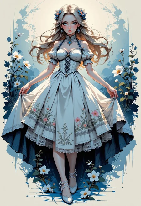 Poetic sumi-e depicting A full body of beautiful oriental girl with delicate features, wearing an elegant, Sweet Victorian-inspired dress adorned with intricate lace, ribbons, and floral patterns. Her long, silky hair is styled in soft waves, with gentle curls at the ends and a few strands framing her face, adding to her graceful appearance. She wears dainty lace-trimmed socks and elegant, rounded-toe shoes with delicate bows, completing the outfit with charm. Her expression is serene yet captivating, with large, expressive eyes. The background is softly blurred, creating a dreamy atmosphere, and the lighting casts a gentle glow on her face, emphasizing the details of her dress, hair, and shoes. Perfect hands, perfect feet. The scattered dress elements embrace deliberate imperfections, celebrating wabi-sabi principles—some defined by a single masterful brushstroke, others shaped through a textured dry-brush technique. Subtle indigo undertones suggest twilight dissolving into evening, encapsulating the melancholic beauty of nature’s shifting moments through the profound lens of yugen.