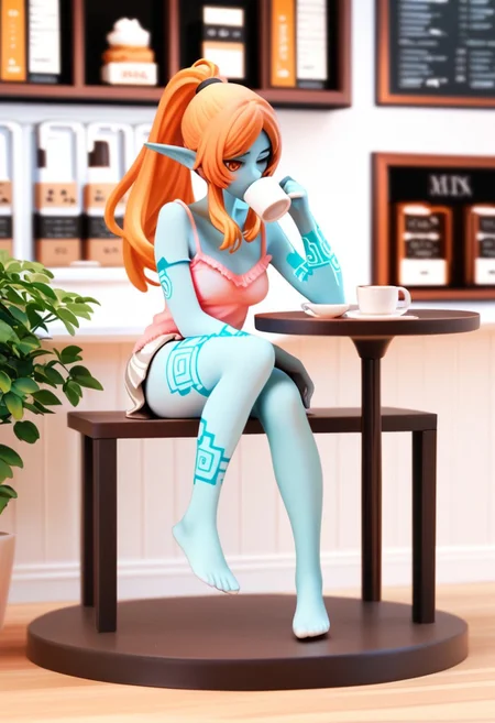zPDXL3, score_9, score_8_up, score_7_up, score_6_up, score_5_up, score_4_up, 1girl, solo, medium breasts,
cafe, sitting, drinking, coffee, mug,
indoors, spaghetti strap, pink camisole,
tpmidina, midna,
pvc, figure, figurine,