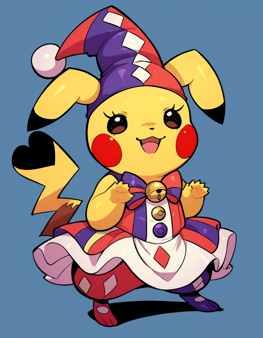 zPDXL, score_9, score_8_up, score_7_up, score_6_up, score_5_up, source_anime, 4k, absurdres, 1girl, solo, 
<lora:Cosplaychu_v1-1-20:0.8>, cosplay pikachu, pokemon \(creature\), pikachu ears, pikachu tail, feral, eyelashes, shortstack, flat chest,
jester wearing a jester hat with bells, harlequin dress with ribbons, colorful jester shoes ,