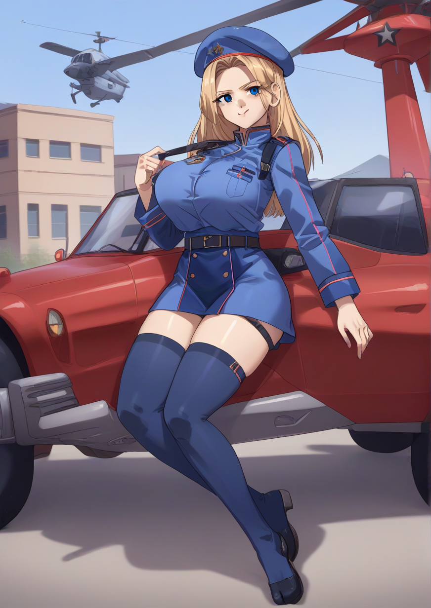 1girl, huge breast, aircraft, beret, blonde hair, blue eyes, blue thighhighs, closed mouth, feet, full body, hat, helicopter, lips, looking at viewer, mi-24, military, military uniform, military vehicle, motor vehicle, propeller, russia, shirt, smug, soles, solo, star (symbol), striped, striped shirt, t-72, tabi, tank, telnyashka, thigh strap, thighhighs, uniform, vdv,zPDXL3<lora:ê°ìì¹Potato_guy:1>